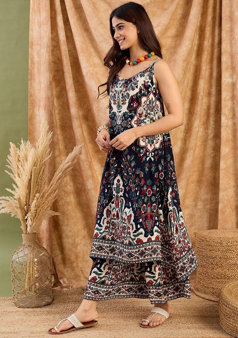 Navy Blue Printed Viscose A Line Kurta Sets - Indya