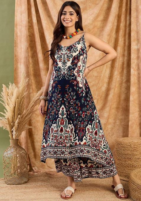 Navy Blue Printed Viscose A Line Kurta Sets — view on Indya