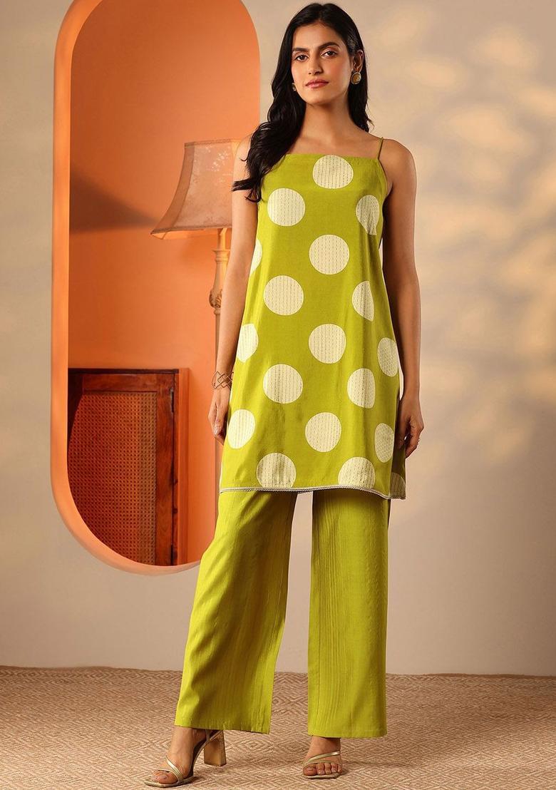 Green Printed Silk A Line Kurta Sets - Indya