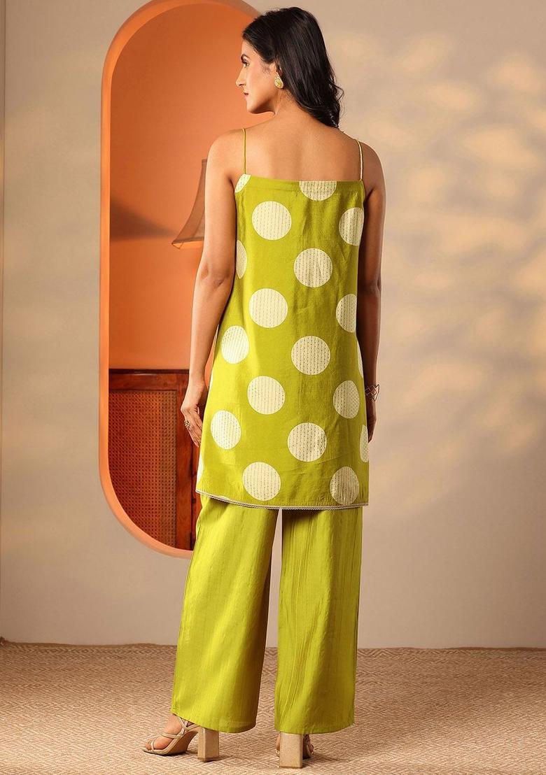 Green Printed Silk A Line Kurta Sets - Indya