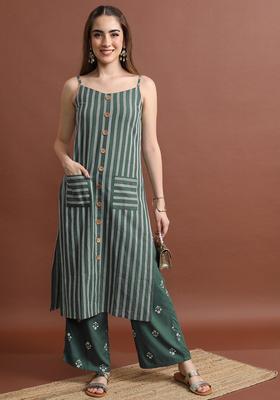 Olive Striped Viscose Straight Kurta Sets