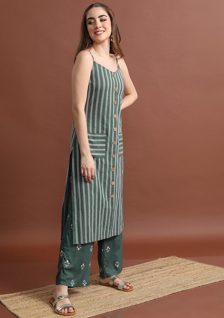 Olive Striped Viscose Straight Kurta Sets - Indya