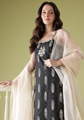 Black Printed Polyester Straight Kurta Sets