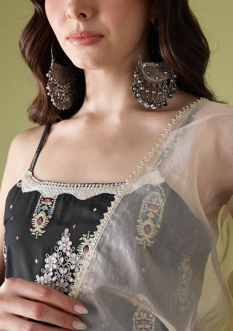 Black Printed Polyester Straight Kurta Sets - Indya