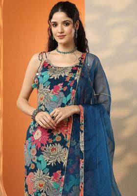 Navy Blue Printed Chinon Straight Kurta Sets