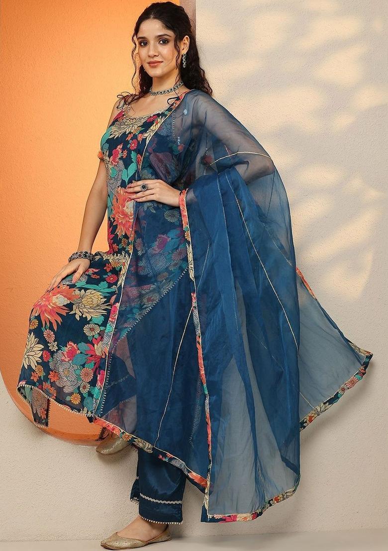 Navy Blue Printed Chinon Straight Kurta Sets - Indya