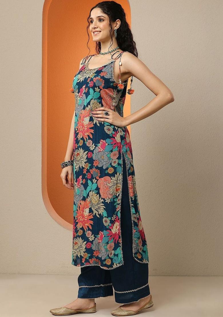 Navy Blue Printed Chinon Straight Kurta Sets - Indya
