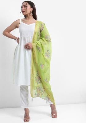Off White Printed Polyester A Line Kurta Sets