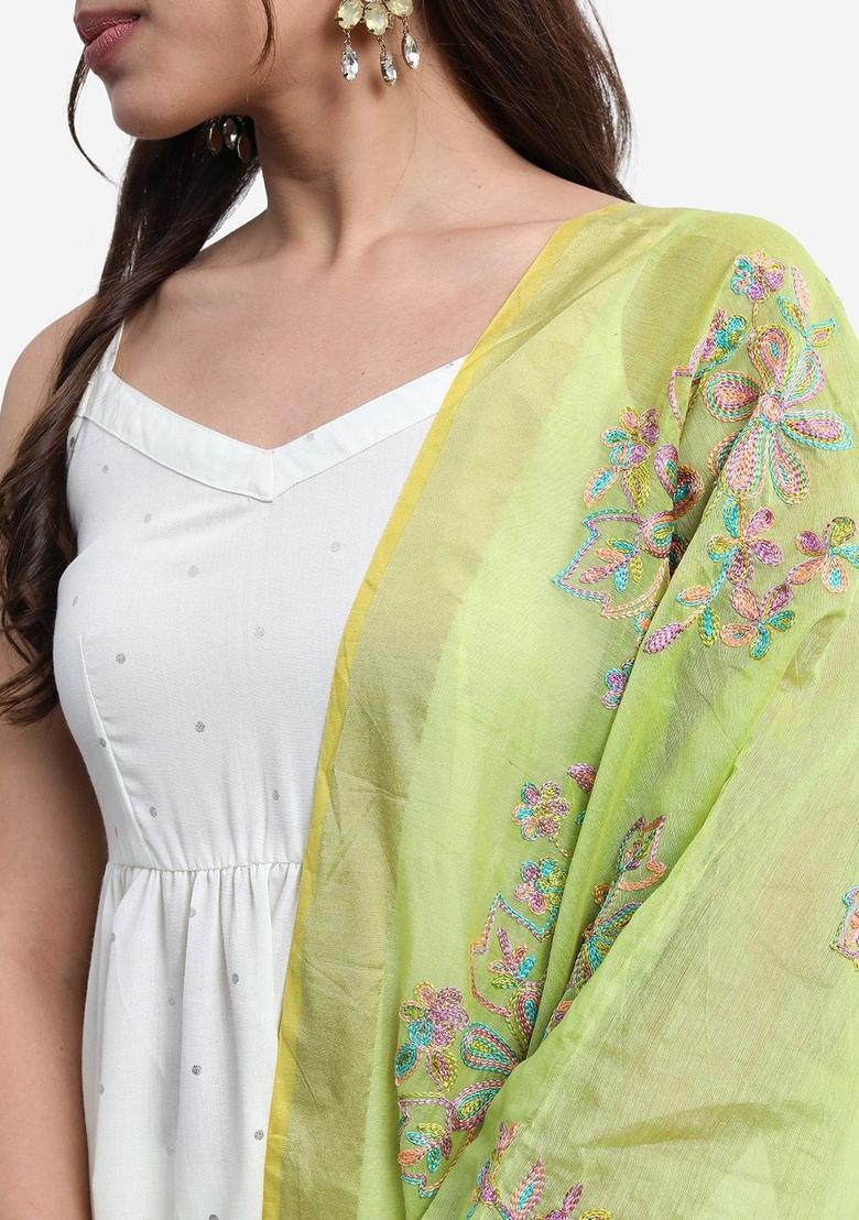 Off White Printed Polyester A Line Kurta Sets - Indya