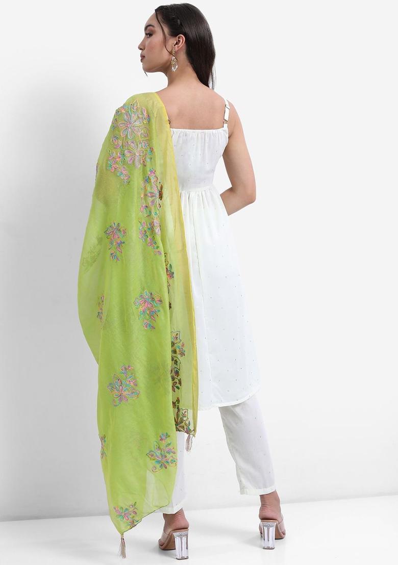 Off White Printed Polyester A Line Kurta Sets - Indya
