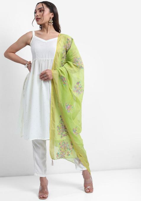 Off White Printed Polyester A Line Kurta Sets — view on Indya