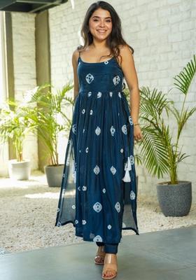 Navy Blue Tie And Dye Silk A Line Kurta Sets