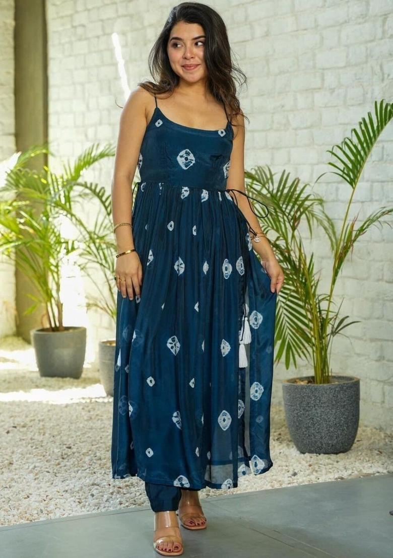 Navy Blue Tie And Dye Silk A Line Kurta Sets - Indya