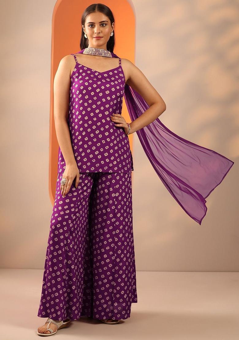 Purple Printed Viscose Straight Kurta Sets - Indya