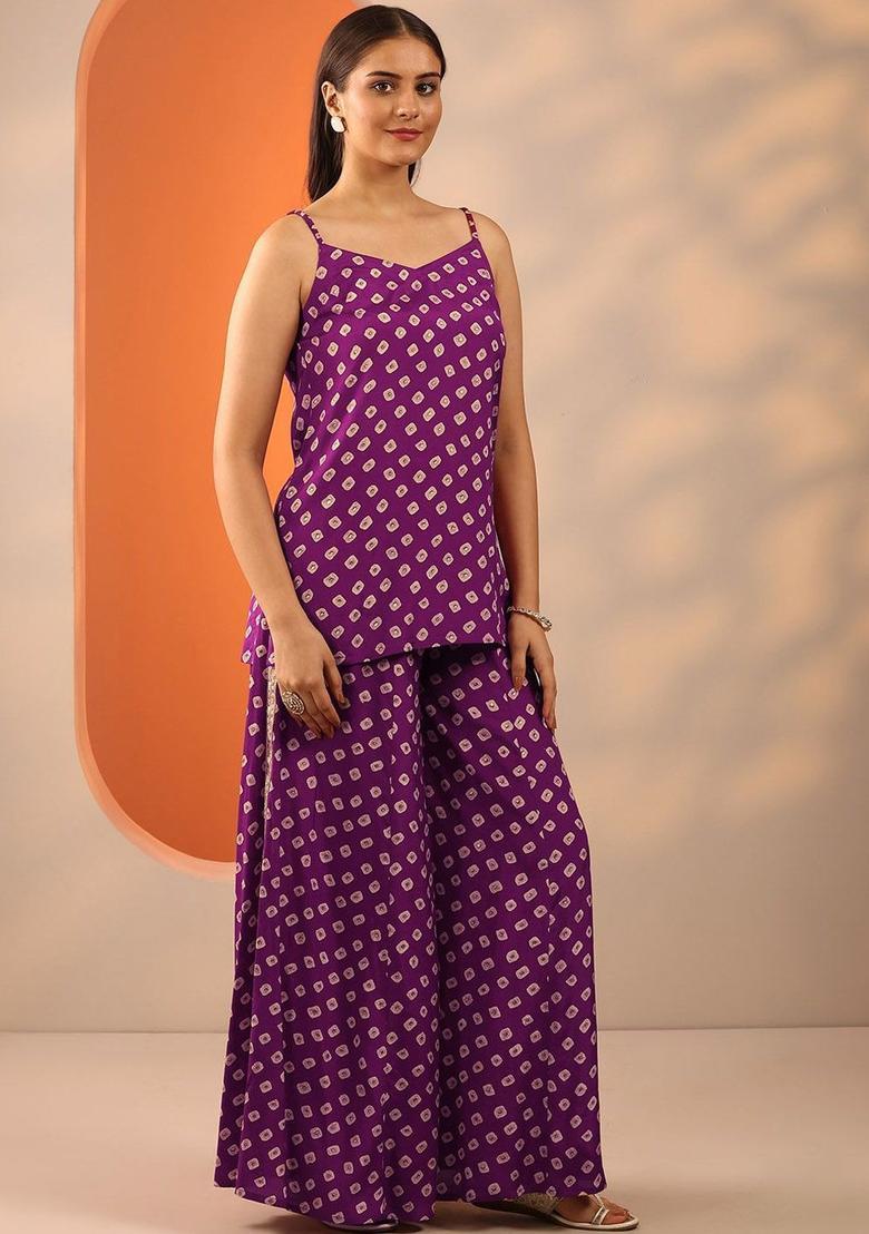 Purple Printed Viscose Straight Kurta Sets - Indya