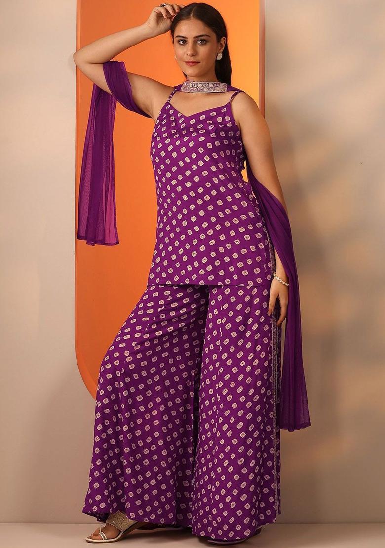 Purple Printed Viscose Straight Kurta Sets - Indya