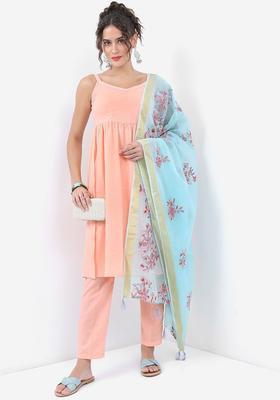 Peach Printed Polyester A Line Kurta Sets