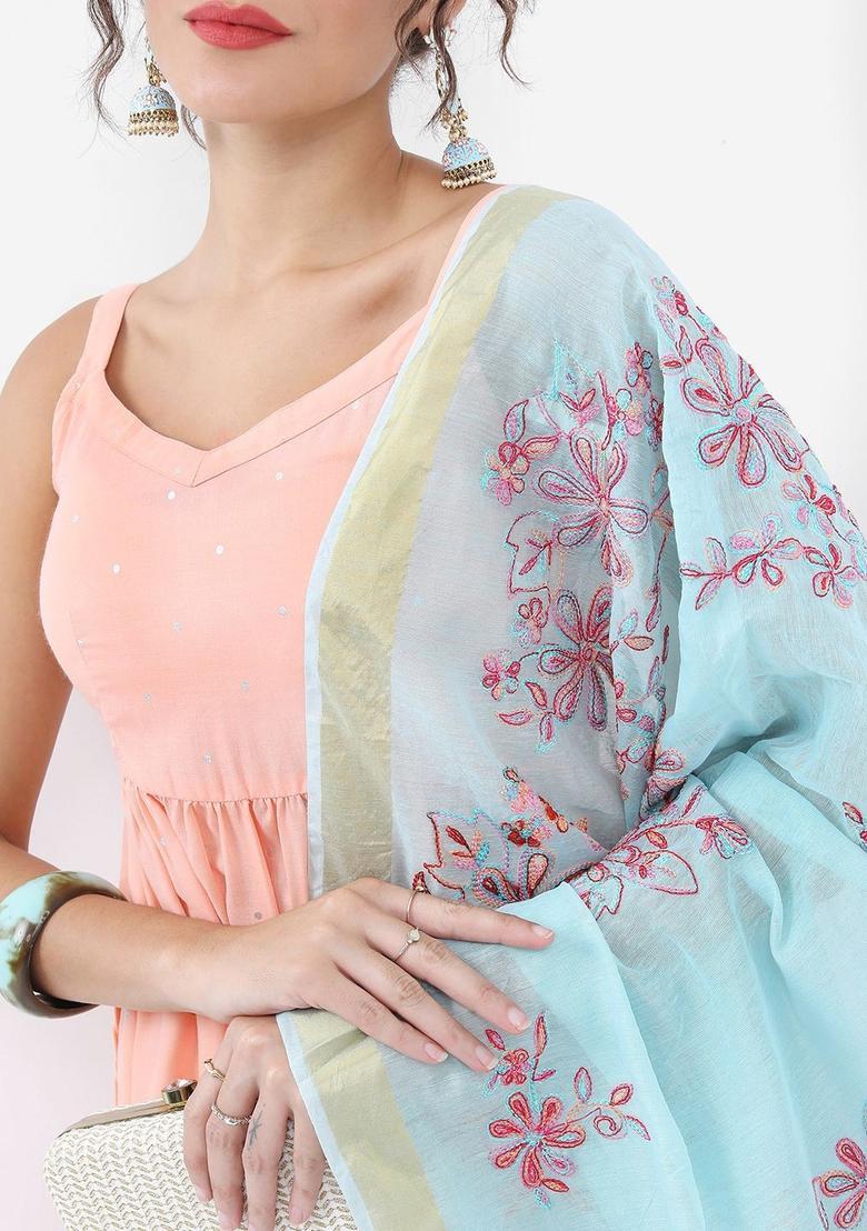 Peach Printed Polyester A Line Kurta Sets - Indya