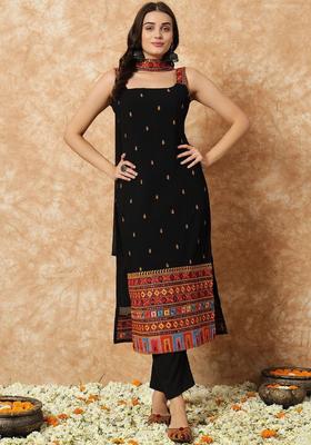 Black Embroidered Silk Straight Kurta Sets