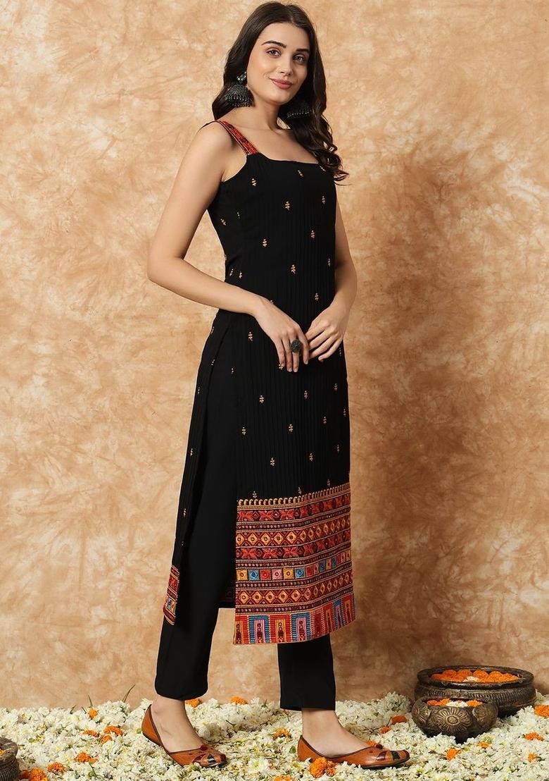 Black Embroidered Silk Straight Kurta Sets - Indya