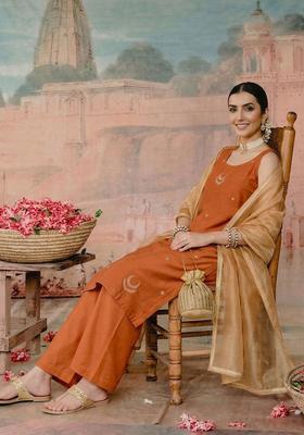 Orange Embroidered Silk Straight Kurta Sets