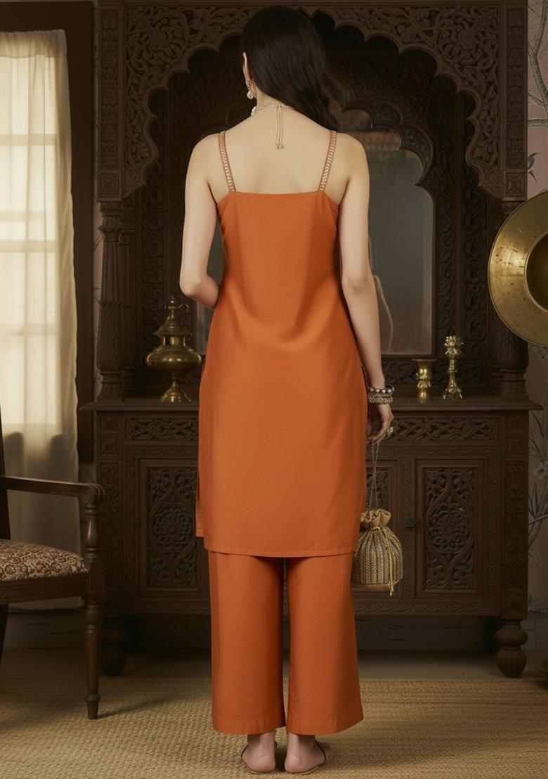 Orange Embroidered Silk Straight Kurta Sets - Indya