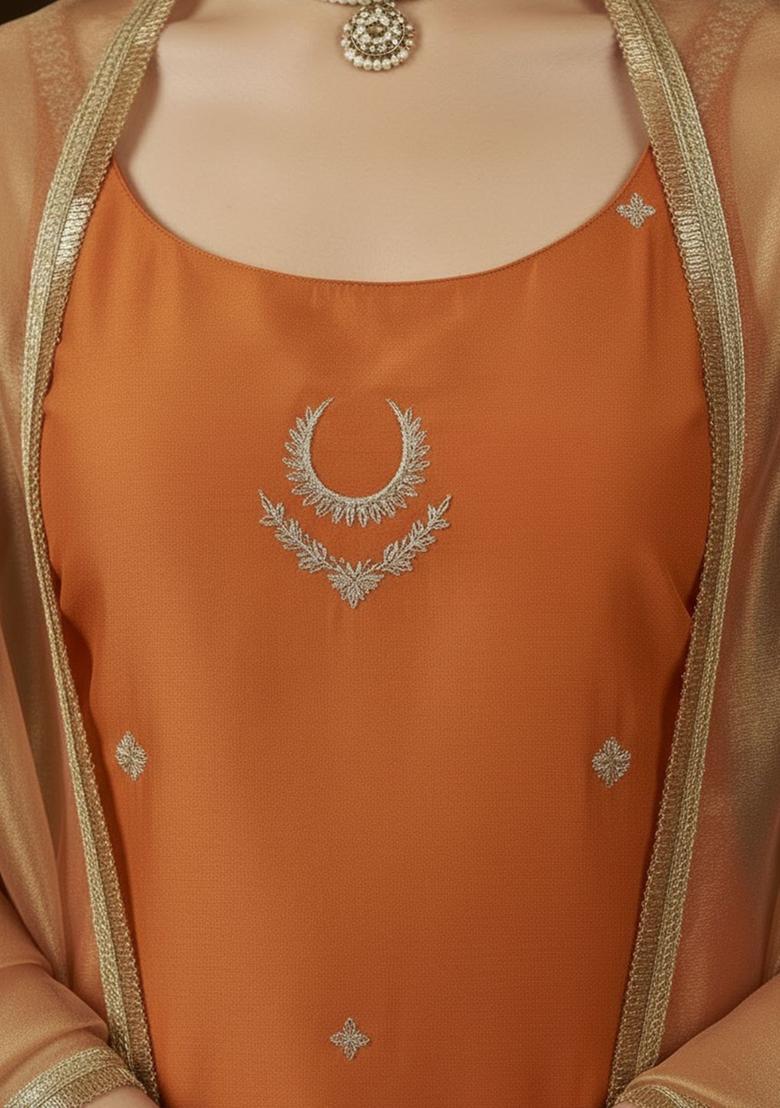 Orange Embroidered Silk Straight Kurta Sets - Indya