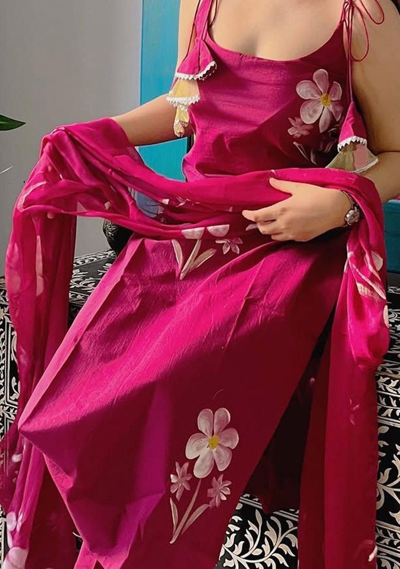 Pink Printed Silk Straight Kurta Sets - Indya