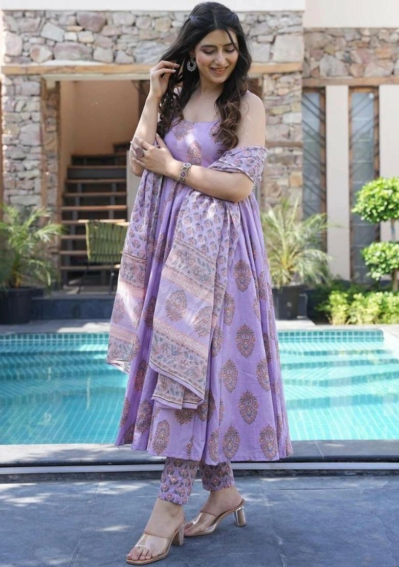 Lavender Printed Viscose Anarkali Sets - Indya