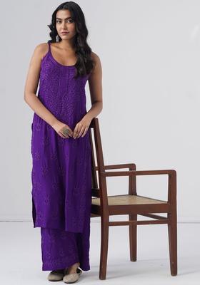 Purple Embroidered Viscose Straight Kurta Sets