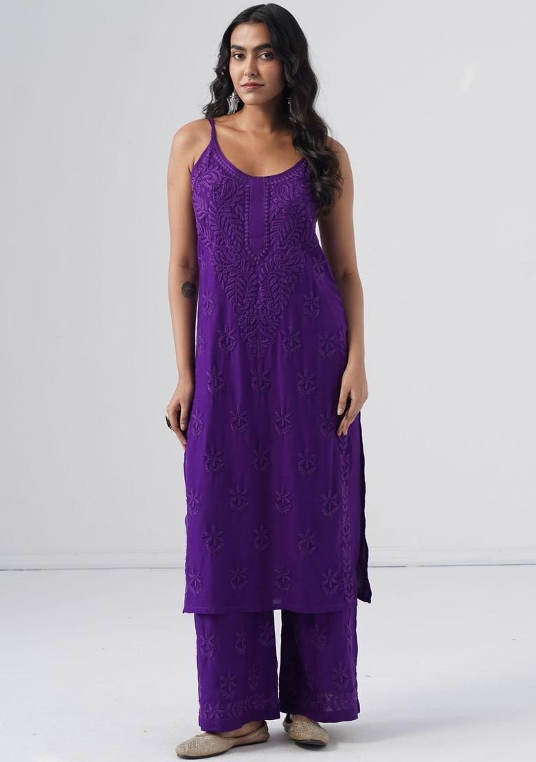 Purple Embroidered Viscose Straight Kurta Sets - Indya