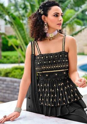 Black Embroidered Georgette A Line Kurta Sets