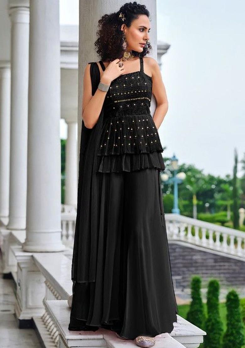 Black Embroidered Georgette A Line Kurta Sets - Indya