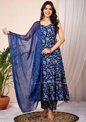 Navy Blue Printed Cotton A Line Kurta Sets