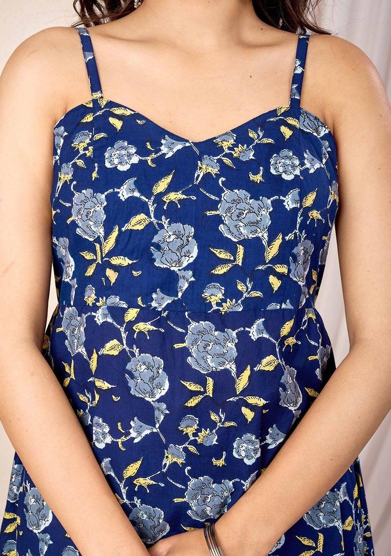 Navy Blue Printed Cotton A Line Kurta Sets - Indya