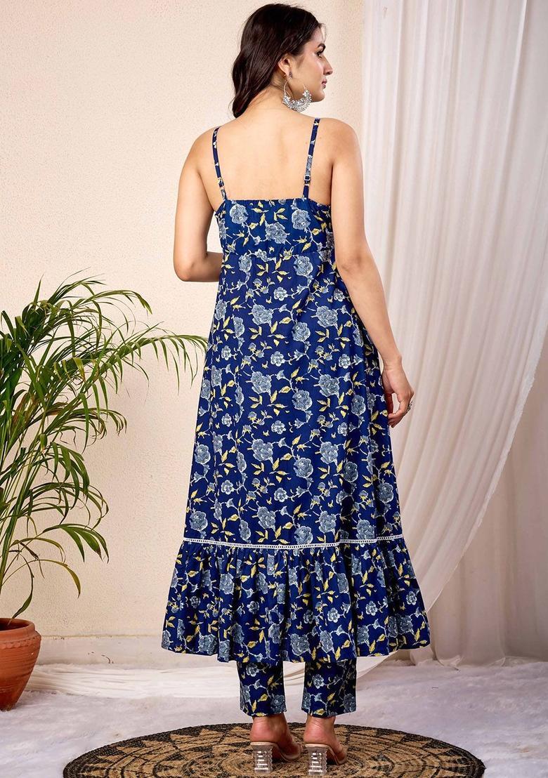 Navy Blue Printed Cotton A Line Kurta Sets - Indya