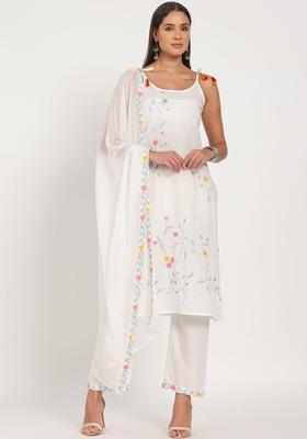 Off White Embroidered Cotton Straight Kurta Sets