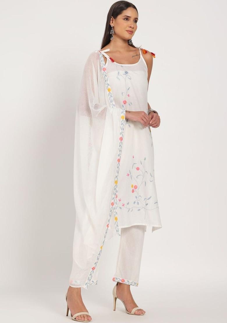 Off White Embroidered Cotton Straight Kurta Sets - Indya
