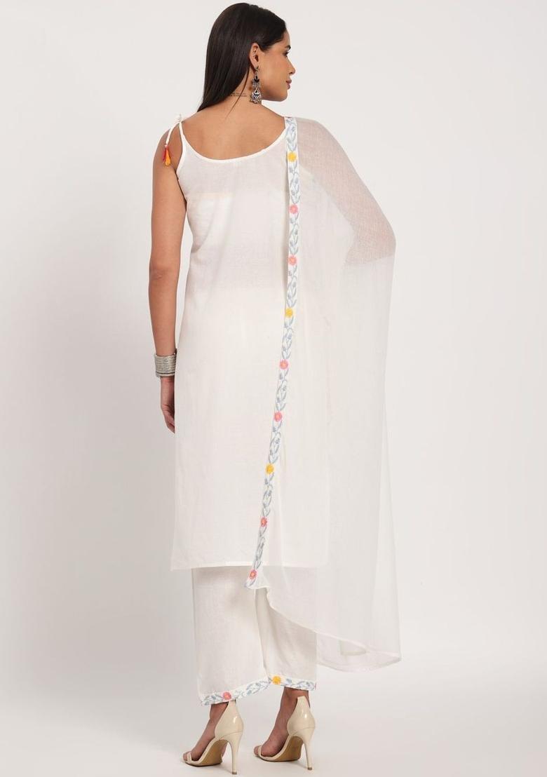 Off White Embroidered Cotton Straight Kurta Sets - Indya