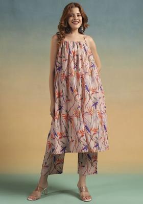 Peach Printed Cotton A Line Kurta Sets