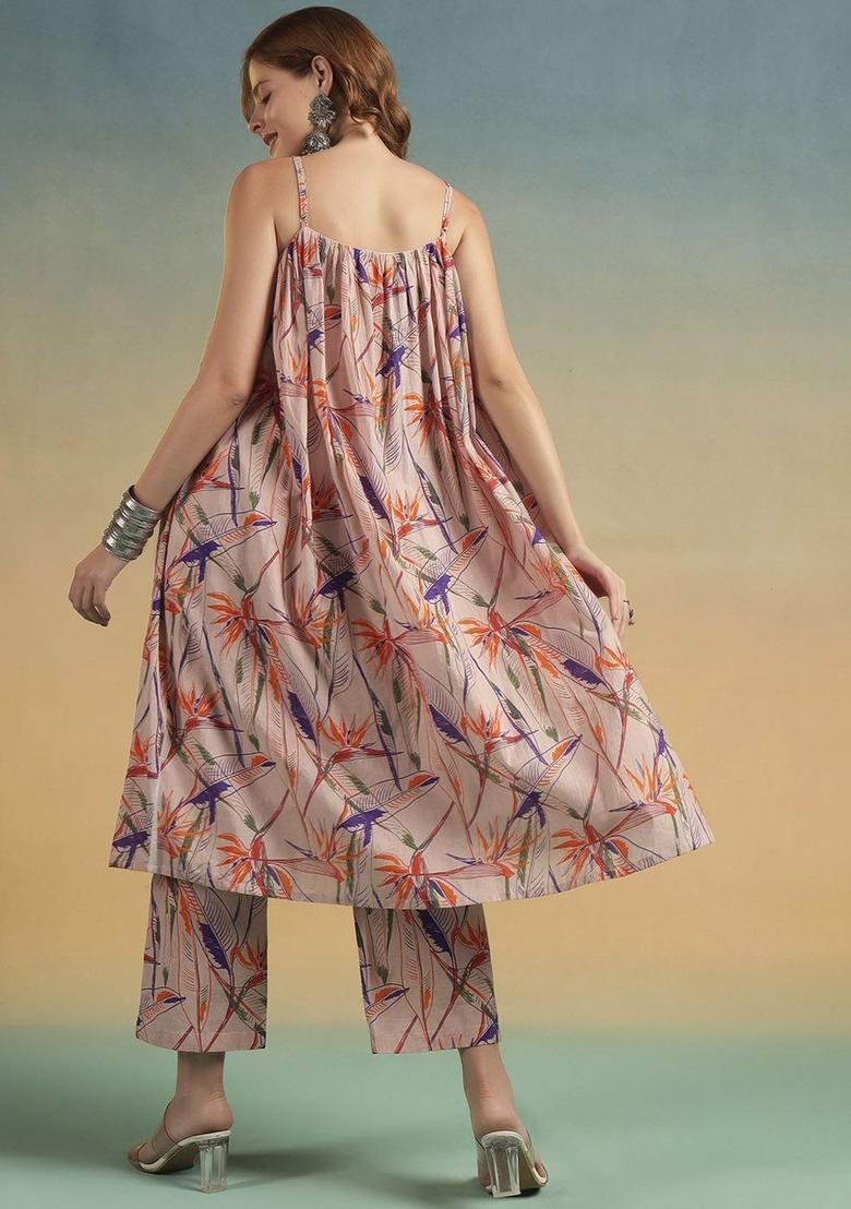 Peach Printed Cotton A Line Kurta Sets - Indya