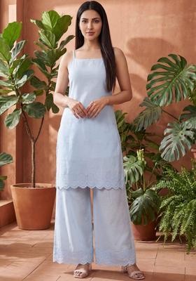 Light Blue Embroidered Cotton Straight Kurta Sets