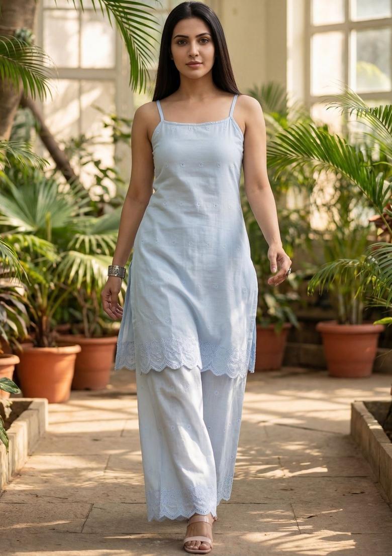 Light Blue Embroidered Cotton Straight Kurta Sets - Indya