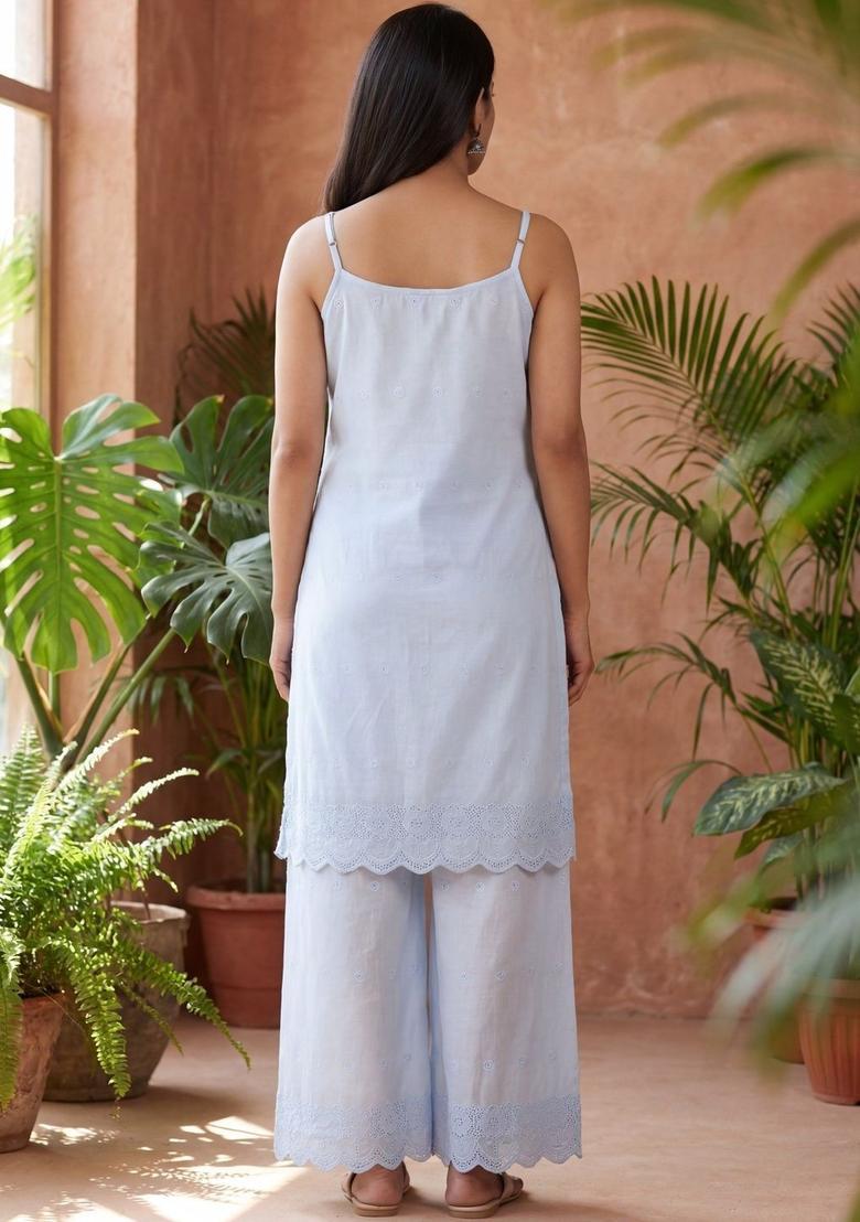 Light Blue Embroidered Cotton Straight Kurta Sets - Indya