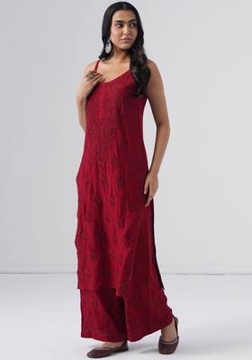 Maroon Embroidered Viscose Straight Kurta Sets