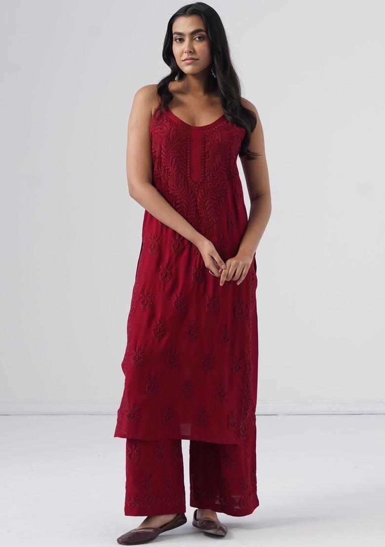 Maroon Embroidered Viscose Straight Kurta Sets - Indya