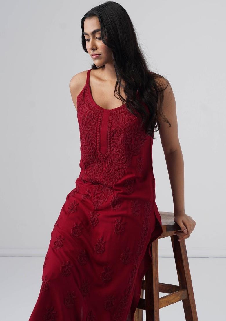 Maroon Embroidered Viscose Straight Kurta Sets - Indya