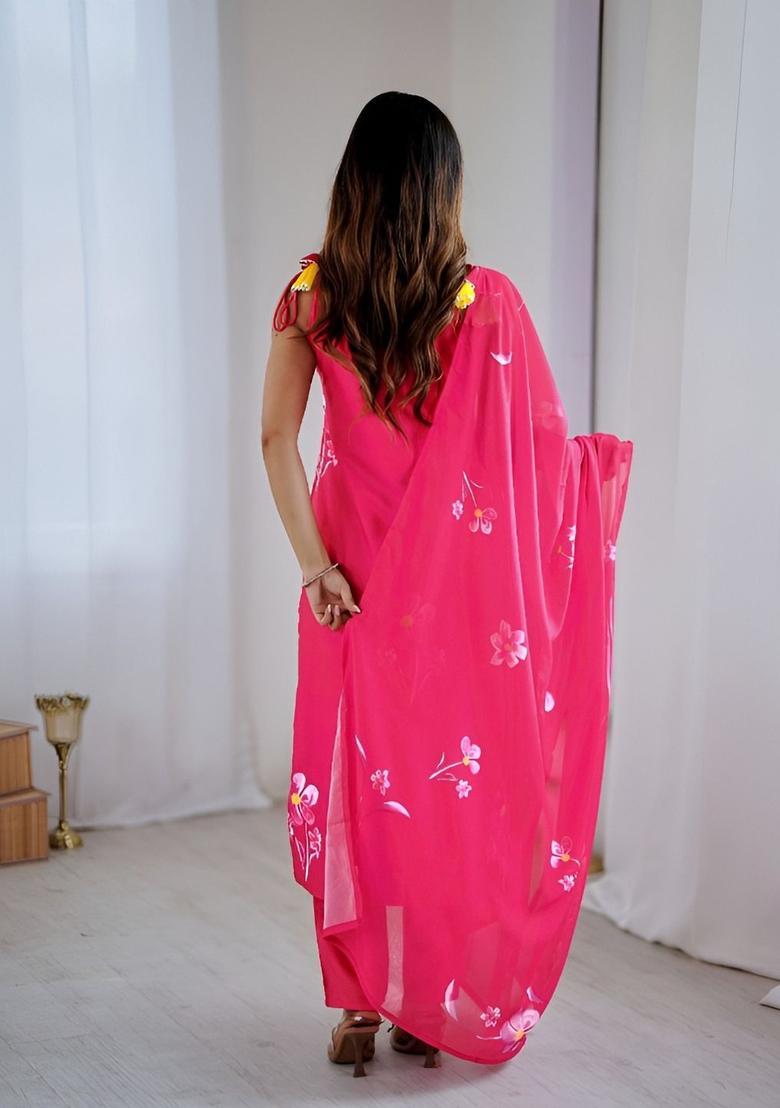 Pink Printed Crepe Straight Kurta Sets - Indya
