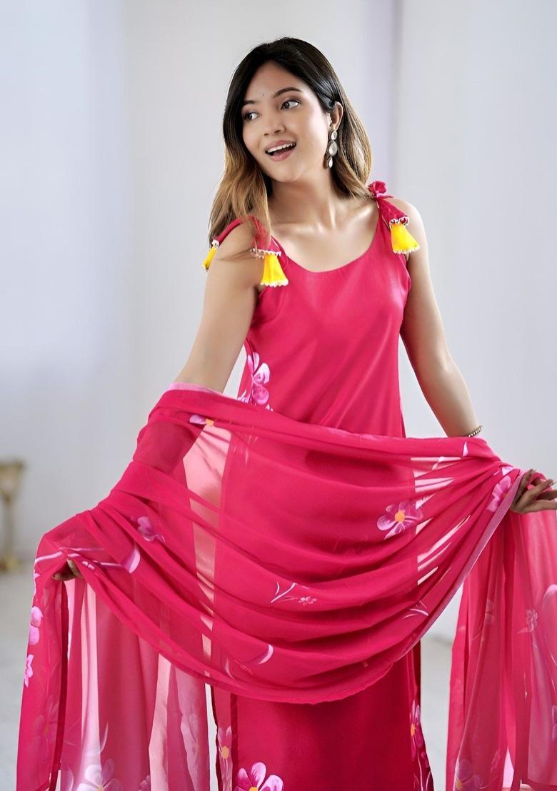 Pink Printed Crepe Straight Kurta Sets - Indya