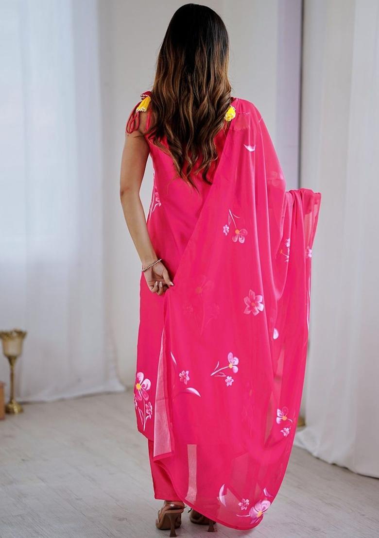 Pink Printed Silk Straight Kurta Sets - Indya